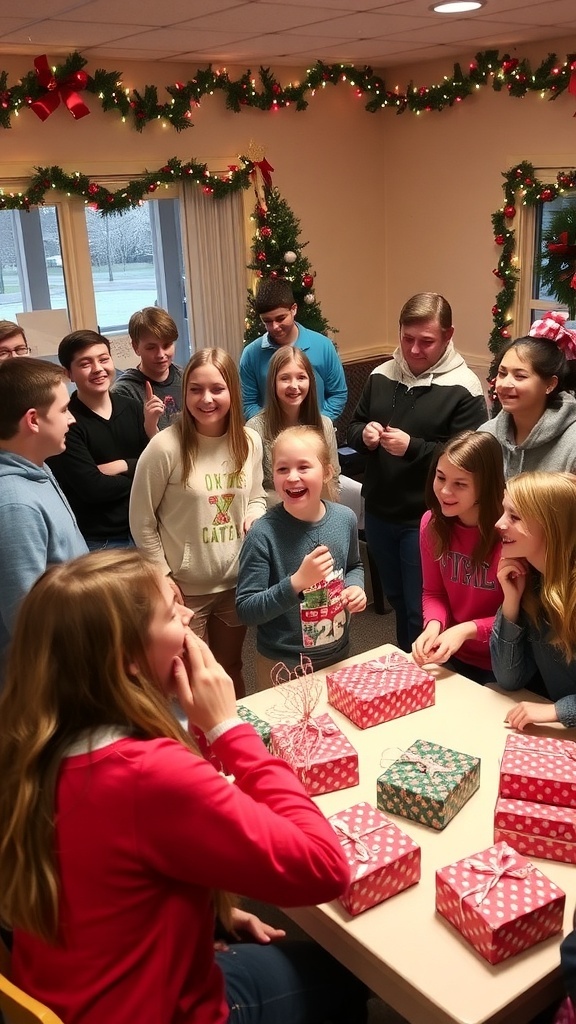 Youth group enjoying Christmas games, including charades and scavenger hunt, in a festive setting.